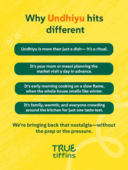 We believe Undhiyu is more than just a dish; it's a ritual that brings back memories of winter mornings and family kitchens. It’s about slow cooking and shared moments. We handle all the prep so you can enjoy the nostalgia without the pressure.