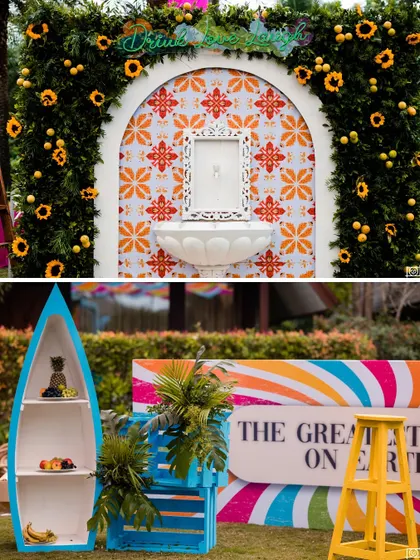 Quirky and colorful decor details from a tropical-themed anniversary party, including a fruit-filled boat and a tiled photo wall.