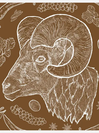 A detailed illustration of the Bannur Ram, the hero ingredient of my kitchen. This artwork is a tribute to the special breed of sheep that makes my mutton dishes so tender and juicy.
