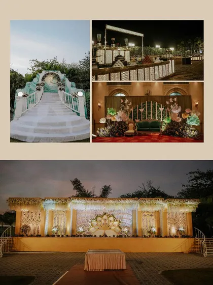A collage of the stunning reception decor, including the grand stage, entrance bridge, and bar setup.