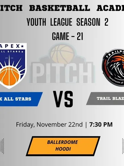 The announcement for a Friday night thriller in Game 21 of Season 2 between the Trail Blazers and Apex All-Stars.