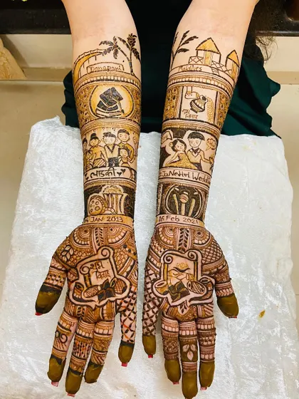 From meeting in college to their wedding day, this mehendi captures the entire journey of my bride Neha. It’s a beautiful narrative of their love story.