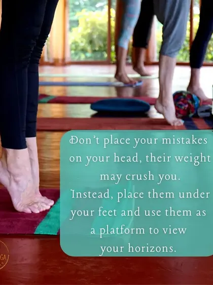 Captions will describe the specific yoga practice shown (e.g., "Practicing Sutra Neti, a traditional yogic cleansing technique," "A Hatha yoga class in our Chakra Hall," "Finding inspiration in our mistakes and using them as a platform for growth.").