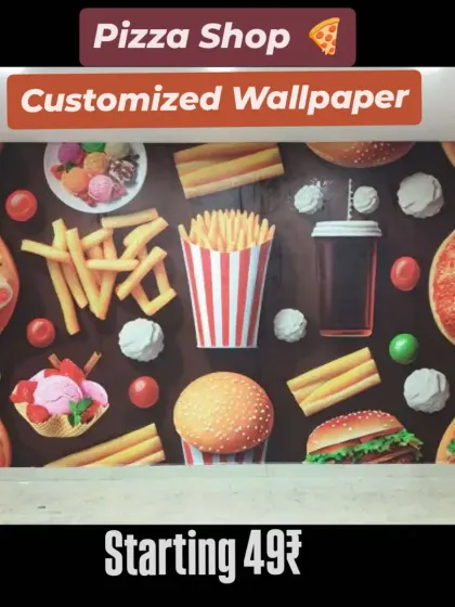 A fun and appetizing wallpaper designed for a pizza shop or fast-food restaurant. The wall is covered with images of pizza, fries, burgers, and drinks, setting a playful and hungry mood for customers.
