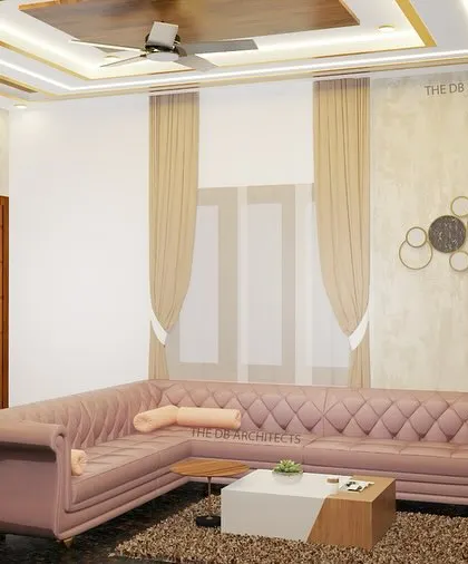 This 3D concept for a living room features a plush, tufted sectional sofa against a wall with subtle texture. The focus is on creating a comfortable and stylish seating area, complemented by modern wall decor and ambient lighting.