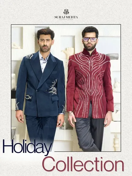My holiday collection features bold pieces like this crimson velvet suit with silver embroidery, and a deep blue double-breasted suit with delicate branch-like embroidery.
