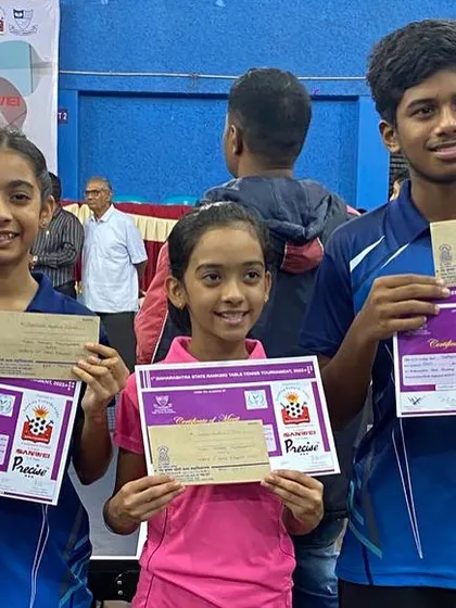 Our young medalists Hrithika Madhur, Saisha Madhur, and Yashwin Reddy posing with their prizes after winning three bronze medals at the 1st Maharashtra State Ranking in Sangli.
