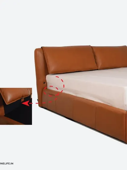A detailed view of the Lyla Bed's headboard, which features a hidden storage compartment. This smart design combines a tailored, elegant look with practical functionality, perfect for modern living.