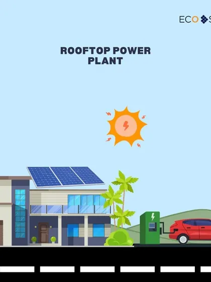 An illustration of a modern home with a rooftop power plant and an EV charger. This visual represents our vision for the future of residential living: energy independence, cost savings, and a reduced carbon footprint.