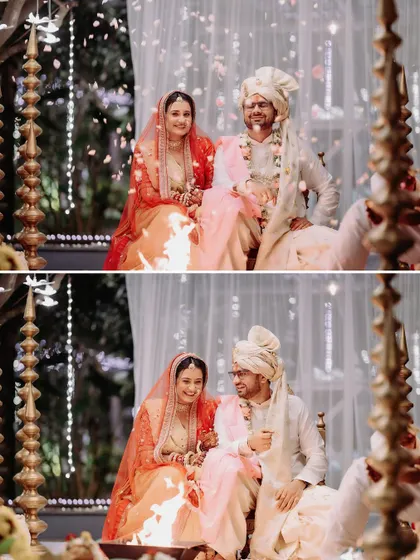 A diptych of the couple by the sacred fire, capturing their smiles and the warm glow of the ceremony.
