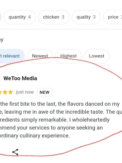 A screenshot of a 5-star review from a happy customer. We are proud that our clients appreciate the quality and taste we work so hard to provide.