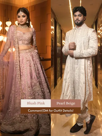 Soft, romantic, and perfectly paired. The blush pink lehenga and pearl beige sherwani create a dreamy look, ideal for an engagement or sangeet night.