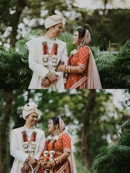 A collage of the couple sharing loving glances amidst lush greenery. These candid moments capture the natural chemistry and happiness of their wedding day.