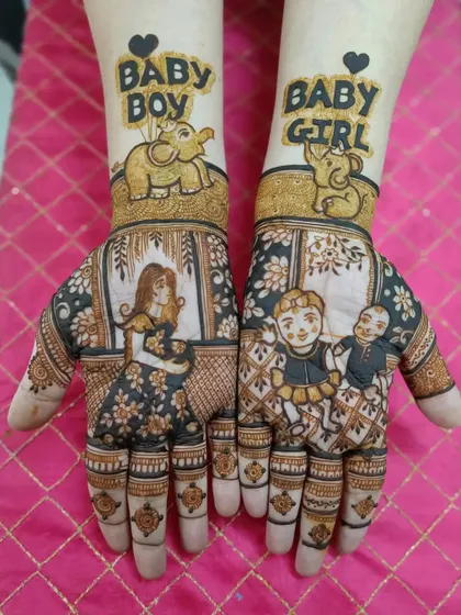 This fun baby shower mehandi has "Baby Boy" and "Baby Girl" themes with cute elephants. The palms depict a mother with her child and a family portrait.