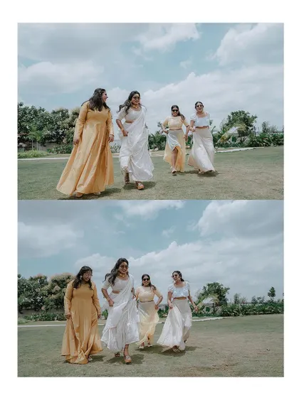 A collage of the bride and her friends having fun and running in a field.