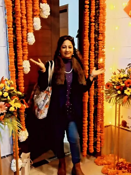 Genda phool (marigold) is essential for auspicious functions. Here I am, surrounded by beautiful marigold decorations that we use to bring a traditional and vibrant zeal to events at home or outstation.