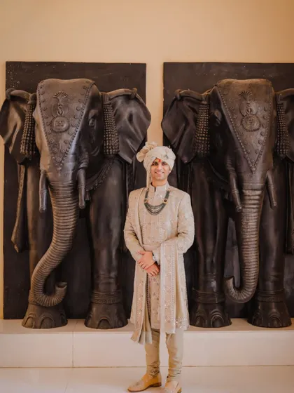 The groom posing against majestic elephant statues, adding to the royal theme of the Jaipur wedding.