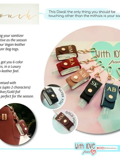 This graphic shows all the details for my vegan leather sanitizer bag tags, which were a big hit for Diwali gifting. You can choose from six colors and have up to two initials foiled in gold or silver.