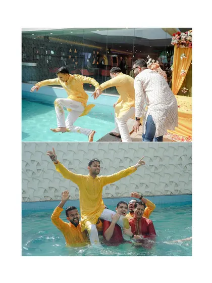 The groom gets playfully thrown into the pool by his friends during the Haldi party. This is the kind of fun, unpredictable moment I love to capture.