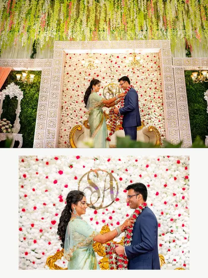 A collage of the couple exchanging garlands against a stunning floral backdrop at their reception.