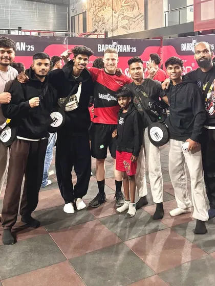 Our team at a competition in Pune, meeting with international athletes like Thomas Kurganov. We are always learning from the best.