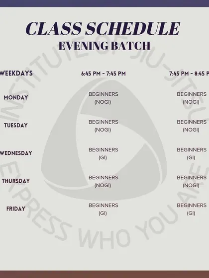 Our evening schedule, detailing the mix of No-Gi and Gi classes available for beginners throughout the week.