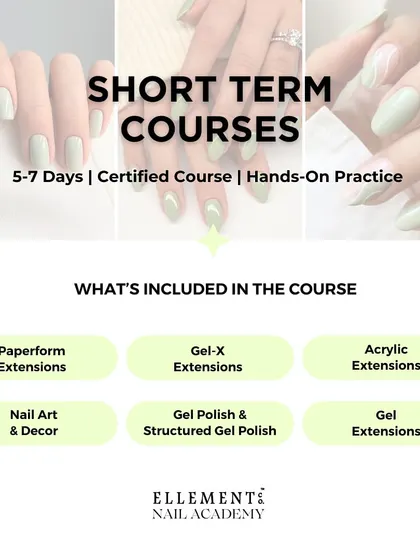 Our short-term courses of 5-7 days are perfect for mastering specific skills like Paperform extensions, Gel-X, acrylics, and structured gel polish.