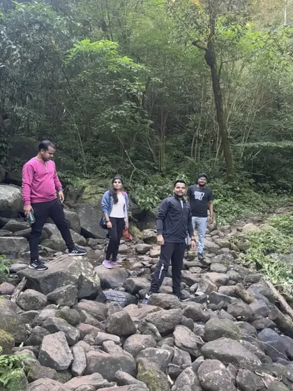 Navigating a rocky stream bed is part of the adventure on the Kumara Parvatha trek.