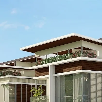 A closer view of the Hennur row houses, detailing the balcony designs with glass railings and integrated planters.