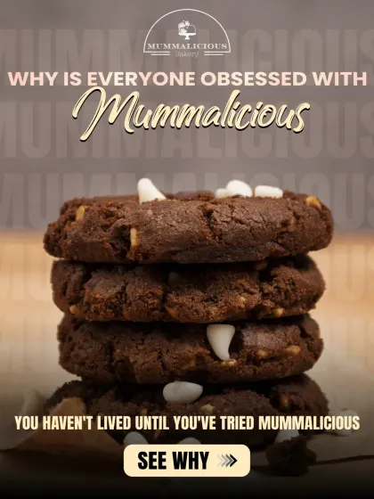 Why is everyone obsessed with Mummalicious? This graphic highlights our commitment to freshness, quality, and baking with love, featuring our delicious chocolate cookies.