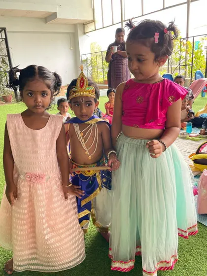 Celebrating Sri Krishna Janmashtami at Siksha. The children dressed in colorful costumes, made crafts, and shared stories, creating a festive environment that brings cultural traditions to life in a joyful and memorable way.