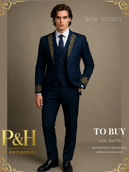 The complete royal blue three-piece suit, exuding an aura of sophistication and global elegance.