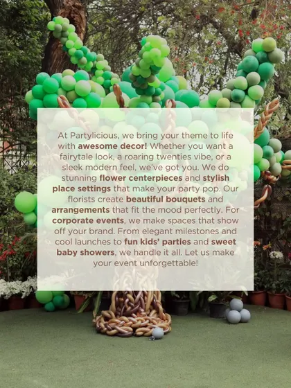 A text overlay explaining our diverse services, from fairytale themes to corporate events, set against a backdrop of one of our balloon tree sculptures.