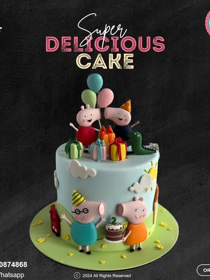 A fun-filled party with Peppa Pig and her family! This cake captures a happy celebration scene with Peppa, George, and friends, complete with presents and balloons for a delightful birthday surprise.