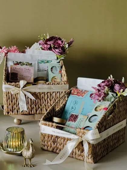 Our handcrafted baskets are perfect for creating a rustic yet elegant Diwali gift. Each one is filled with a curated selection of our finest products and adorned with flowers and a ribbon.