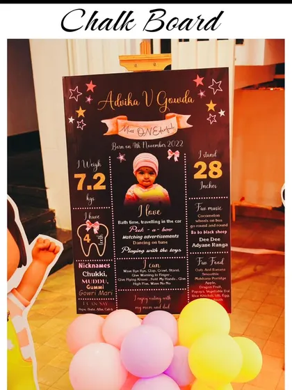 This personalized chalkboard-style milestone sign was a key detail at Advika's Cocomelon party. It lists all her cute stats and favorite things, creating a wonderful keepsake for the family.