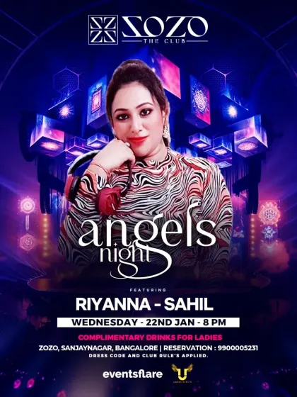 The flyer for "Angels Night," a Wednesday ladies' night at Xozo The Club. These mid-week parties are a great way to escape, with complimentary drinks for ladies.
