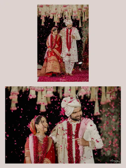 A collage showing the couple walking together and sharing a laugh under a shower of petals.