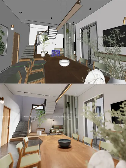 See how a long dining area in a duplex villa was transformed from a 3D model into a stunning, real-life space. The design focuses on creating a grand yet inviting atmosphere.