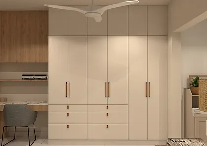 This render illustrates a master bedroom design featuring a built-in wardrobe with an integrated study nook. The use of light wood and white finishes keeps the space feeling bright and spacious.