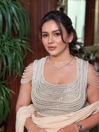 A confident and graceful portrait. The makeup is minimal yet impactful, creating a look of timeless elegance.