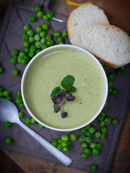 A refreshing cold green pea and mint soup, a perfect example of how we cook with seasonal ingredients.