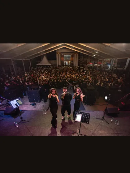 The whole crew on stage at PES University. Performing with Vasuki Vaibhav is always a super duper show.