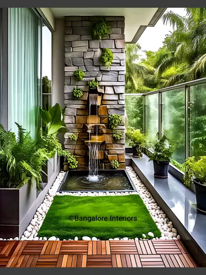 I designed this balcony with a stunning stone wall waterfall feature, creating a serene and peaceful retreat with the soothing sound of water.