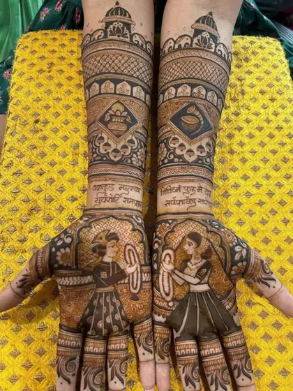 A unique design featuring the bride and groom playing dandiya, perfect for a couple who loves to dance or had a memorable sangeet.