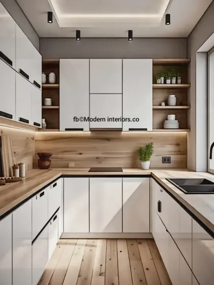 A compact and efficient U-shaped kitchen design. We've used white cabinets and a wood-look countertop and backsplash to create a sense of space, complemented by modern track lighting.
