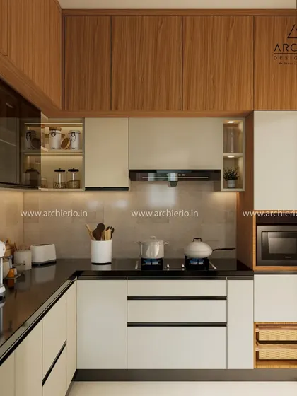 This design combines natural wood-finish upper cabinets with off-white lower units and a black countertop, offering a warm yet modern aesthetic.