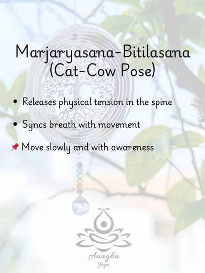 Marjaryasana-Bitilasana (Cat-Cow Pose) is a gentle movement to release physical tension in the spine and sync breath with movement, preparing the body for rest.
