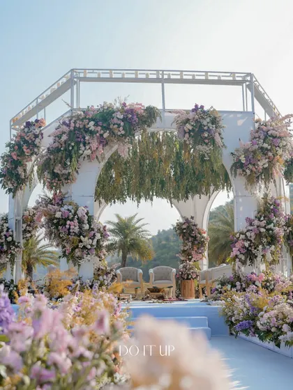 A different angle of the Udaipur mandap, highlighting the hanging greenery inside the structure. This detail added a touch of organic texture and created a beautiful canopy effect.