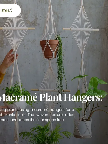 Macramé plant hangers are perfect for a boho-chic look. Their woven texture adds interest and frees up floor space, as shown here with a variety of hanging plants that create a layered, relaxed feel.